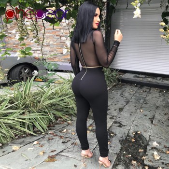  Sexy Mesh Jumpsuit Women 2019 Winter Long Sleeve Lace Up See Through Nightclub Bandage Bodycon Romper Black